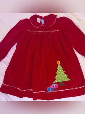 Monday’s Child Girls Red Corduroy Christmas Tree Applique Dress sz 2T EUC